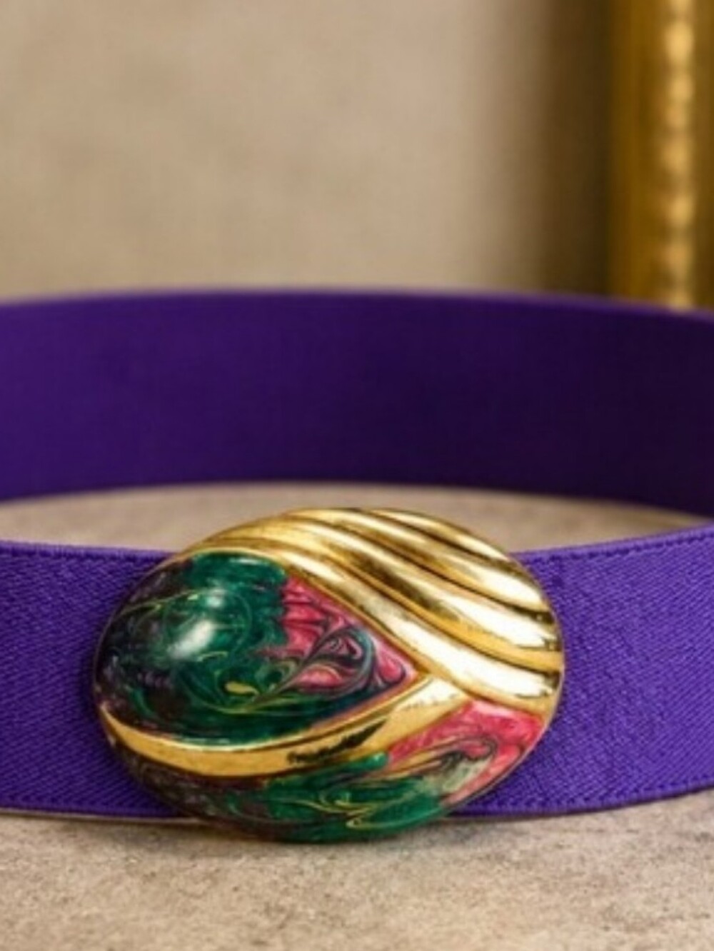Vintage 80s DAY LOR Purple Stretch Belt Gold Enamel Buckle Size 27–30